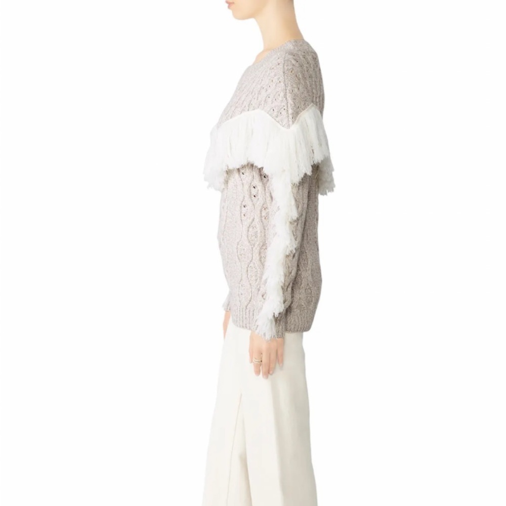 AMUR Ulla Fringe Sweater Size M&L Beige Long Sleeve Cable Knit Merino Wool - Picture 2 of 9